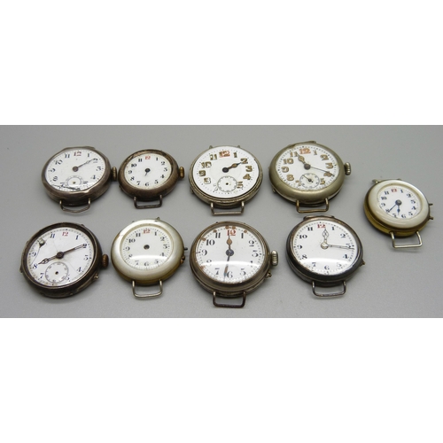 1013 - Four silver cased wristwatches including trench style and four other wristwatches, a/f