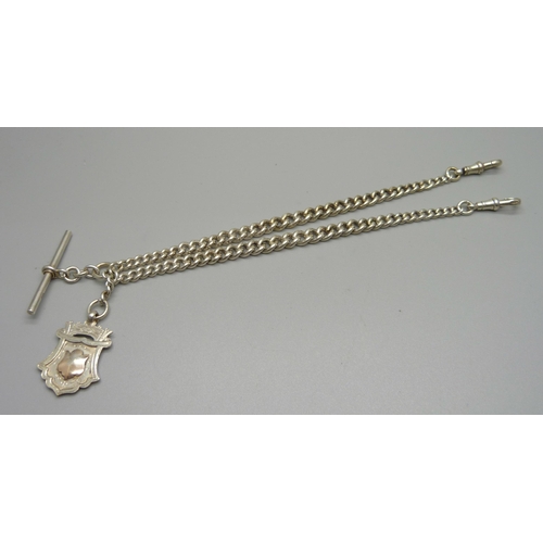 1015 - A silver double Albert chain with silver fob, each graduated link marked, 53g, 37.5cm