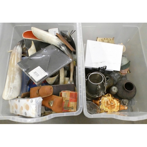 1076 - Two boxes of assorted china, glass and household items including studio pottery vases, horn shaped f... 