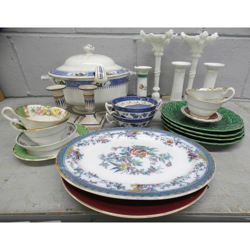 1087 - Four 19th Century cabbage leaf plates, a tureen and other china and candlesticks **PLEASE NOTE THIS ... 