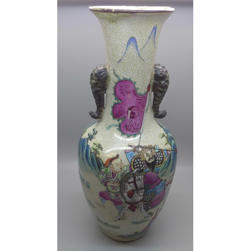 603 - A hand painted Chinese vase, 29cm, a/f, rim restored