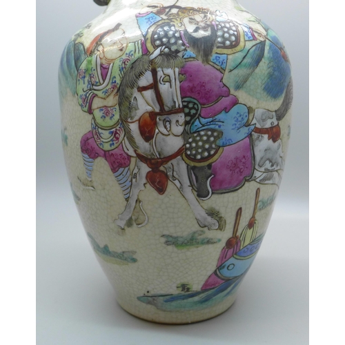 603 - A hand painted Chinese vase, 29cm, a/f, rim restored