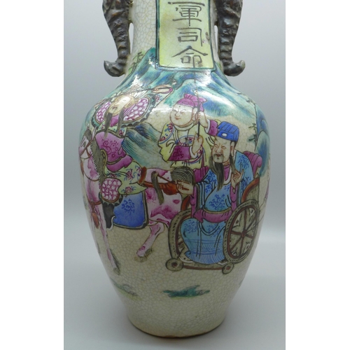 603 - A hand painted Chinese vase, 29cm, a/f, rim restored