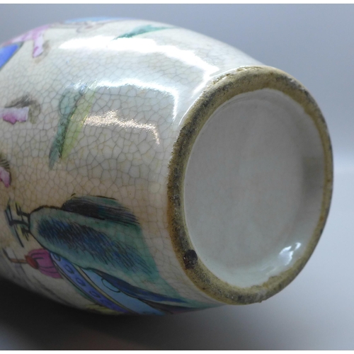 603 - A hand painted Chinese vase, 29cm, a/f, rim restored