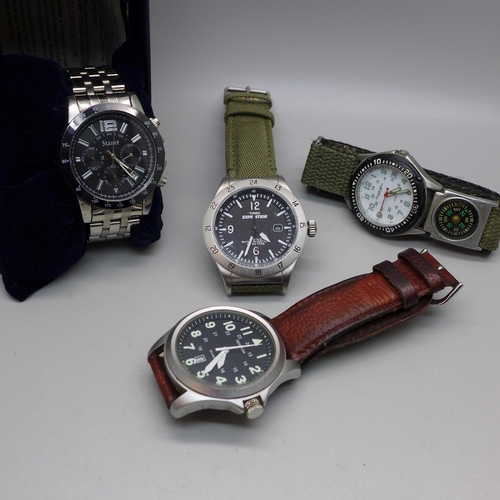 611 - Four wristwatches; Stauer, Timex Expedition, Sekonda and Cannibal