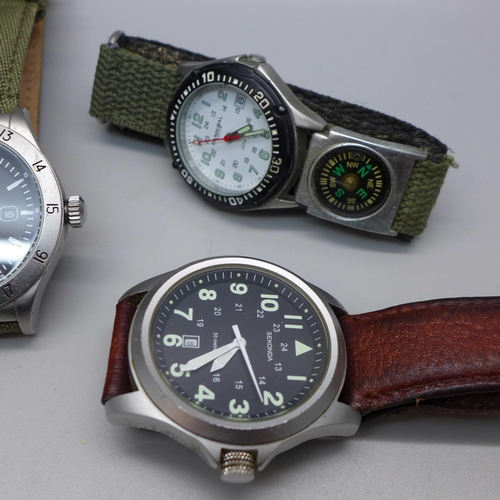 611 - Four wristwatches; Stauer, Timex Expedition, Sekonda and Cannibal