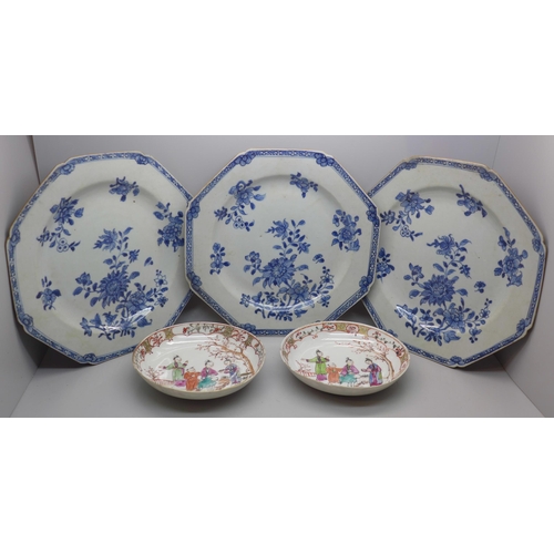 617 - Three 18th Century Chinese export octagonal plates, two with hairline cracks and a pair of Chinese s... 