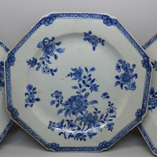 617 - Three 18th Century Chinese export octagonal plates, two with hairline cracks and a pair of Chinese s... 