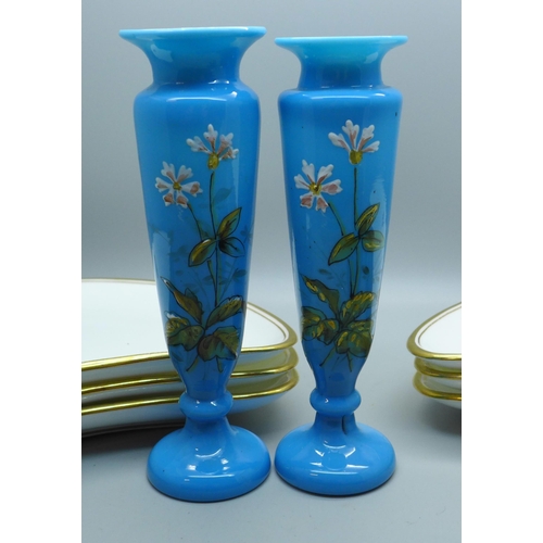 632 - A pair of Victorian opaline glass and enamel posy vases, a Late Davenport Sevres coffee can and sauc... 