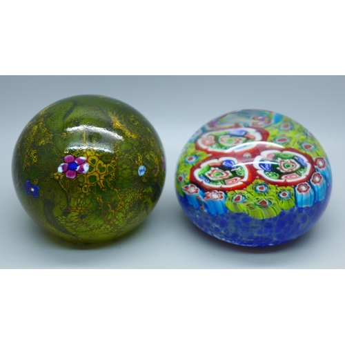 633 - A Selkirk glass paperweight, marked PH, Peter Holmes, and a Millefiori glass paperweight