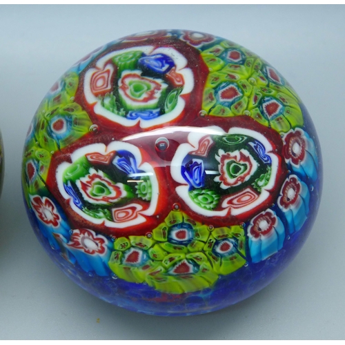 633 - A Selkirk glass paperweight, marked PH, Peter Holmes, and a Millefiori glass paperweight