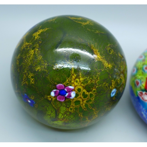 633 - A Selkirk glass paperweight, marked PH, Peter Holmes, and a Millefiori glass paperweight