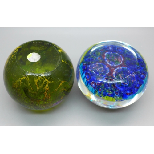 633 - A Selkirk glass paperweight, marked PH, Peter Holmes, and a Millefiori glass paperweight