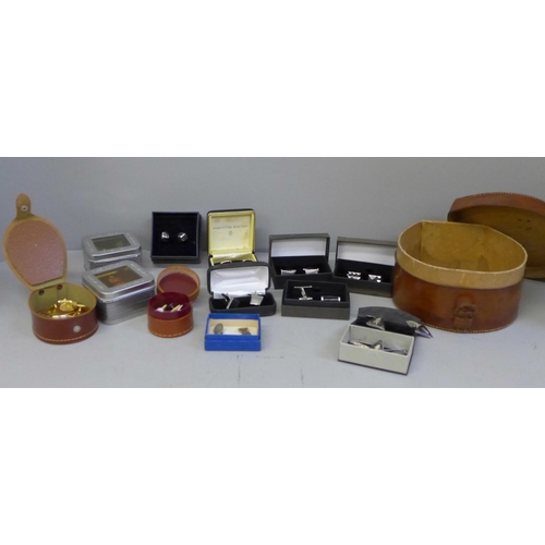 653 - A leather collar box, sets of cufflinks etc., including a sterling silver Siam cufflink and tie bar ... 