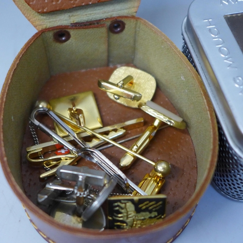 653 - A leather collar box, sets of cufflinks etc., including a sterling silver Siam cufflink and tie bar ... 