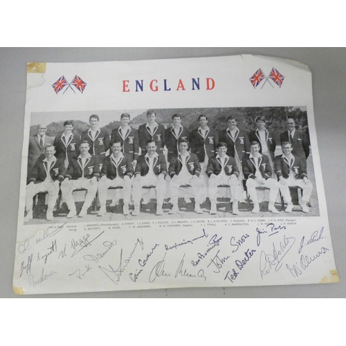 675 - Cricket selection; autographed scorecard,  programmes, including England and West Indies team photog... 