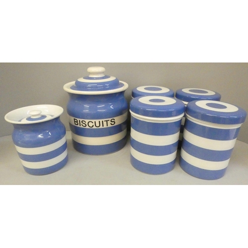 683 - Six T.G. Green storage jars, 'Biscuits' with black stamp, a/f, and five un-named with green back sta... 