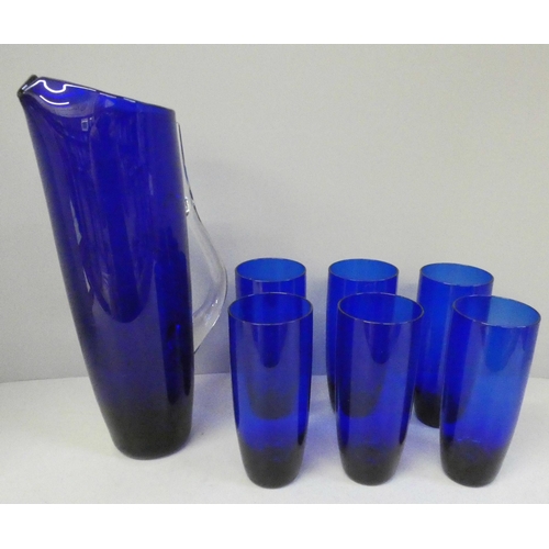 696 - A Bohemian Czech Bristol blue glass drinks set with pitcher and six matching glasses **PLEASE NOTE T... 