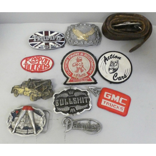 704 - Belt buckles, car badges, cloth patches, etc.