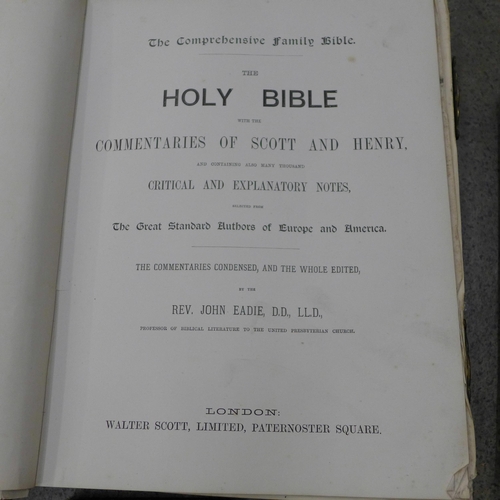 720 - A 19th Century John Eadie family Bible, one other large Bible and other hymn and gospel books