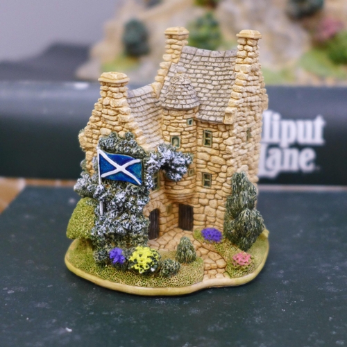 725 - A box of Lilliput Lane buildings, Edinburgh Castle, Eilean Donan Castle, Bonnie Scotland, Cullodean ... 