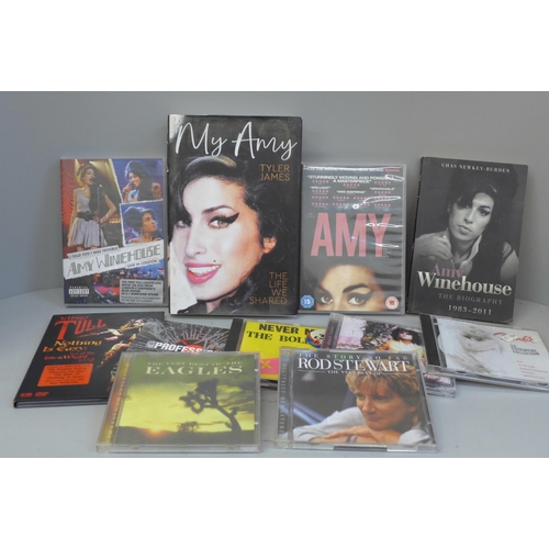 757 - Amy Winehouse; two books and two DVDs, a Jethro Tull DVD and six rock and punk CDs