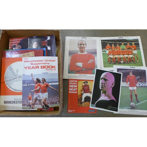 762 - Football memorabilia; a box of Manchester United ephemera including four Typhoo Premium cards (two o... 