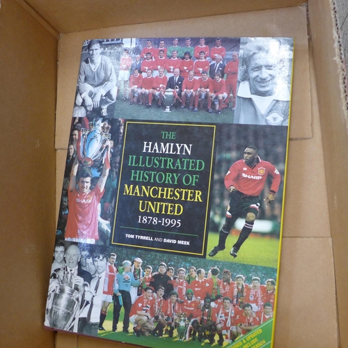 762 - Football memorabilia; a box of Manchester United ephemera including four Typhoo Premium cards (two o... 