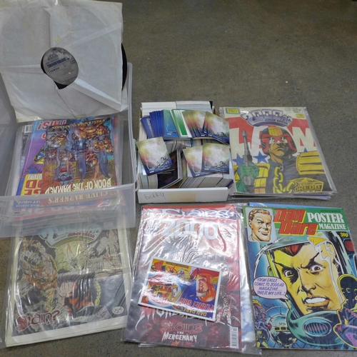 767 - Juvenalia; a box of mainly sci-fi comics, trading cards, posters, etc., much Dr. Who related