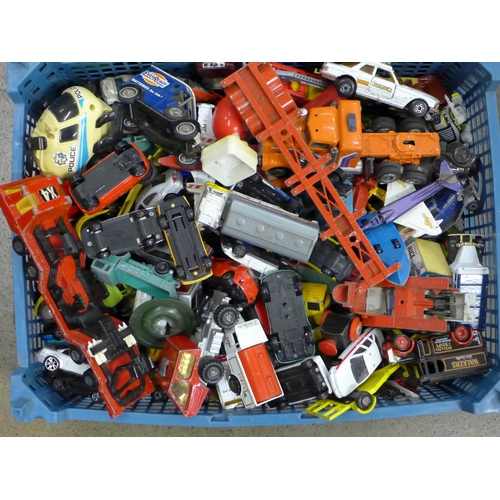 787 - Two boxes of die-cast model vehicles including Corgi, Dinky, etc., playworn