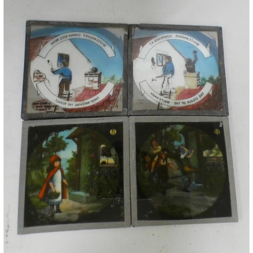 813 - A part Magic Lantern projector and a collection of Magic Lantern slides (117) including travel, chil... 