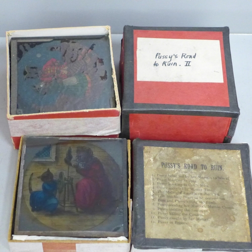 813 - A part Magic Lantern projector and a collection of Magic Lantern slides (117) including travel, chil... 