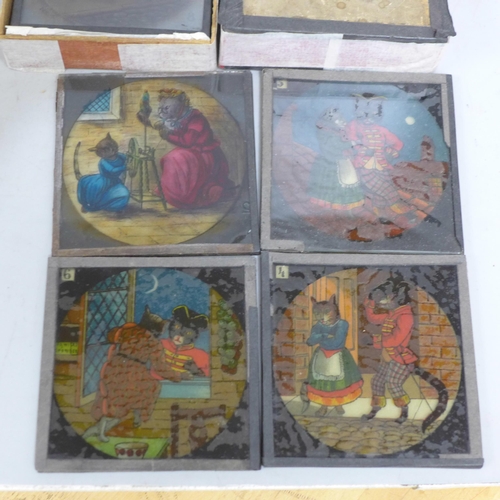 813 - A part Magic Lantern projector and a collection of Magic Lantern slides (117) including travel, chil... 