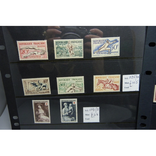 828 - Stamps; two stock cards of mint French stamps, (all identified and catalogued at over £1,300)