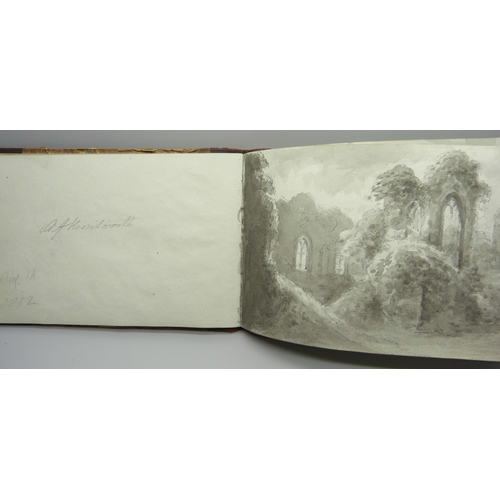 830 - An album of mid 19th Century pencil and watercolour drawings 'en-grisaille', twenty-four, each with ... 