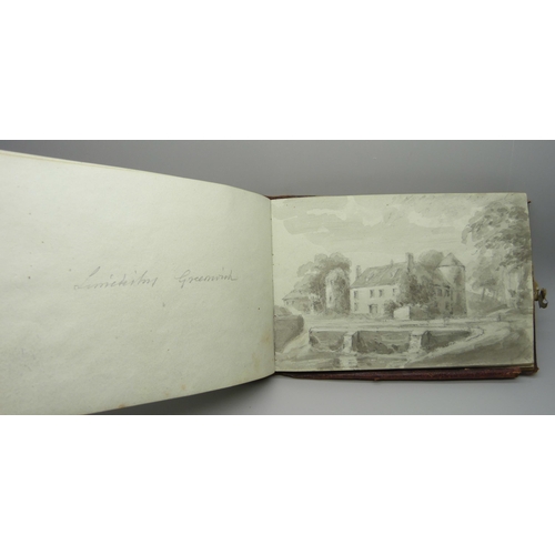 830 - An album of mid 19th Century pencil and watercolour drawings 'en-grisaille', twenty-four, each with ... 