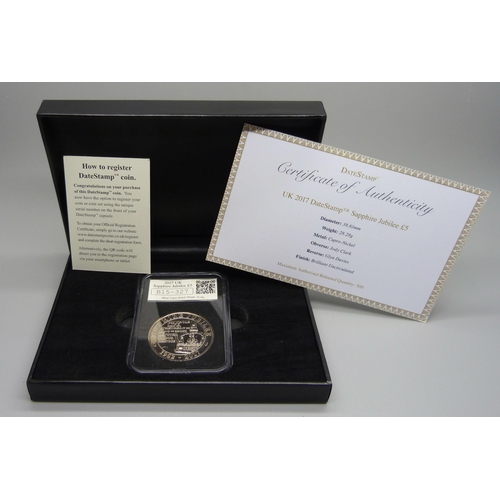 847 - A UK 2017 DateStamp Sapphire Jubilee £5 commemorative coin, boxed, with Certificate