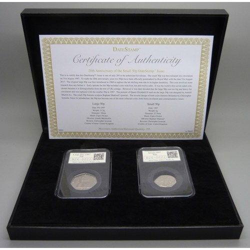 848 - A 20th Anniversary of the Small 50p DateStamp, two coin set, boxed, with certificate