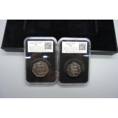 848 - A 20th Anniversary of the Small 50p DateStamp, two coin set, boxed, with certificate