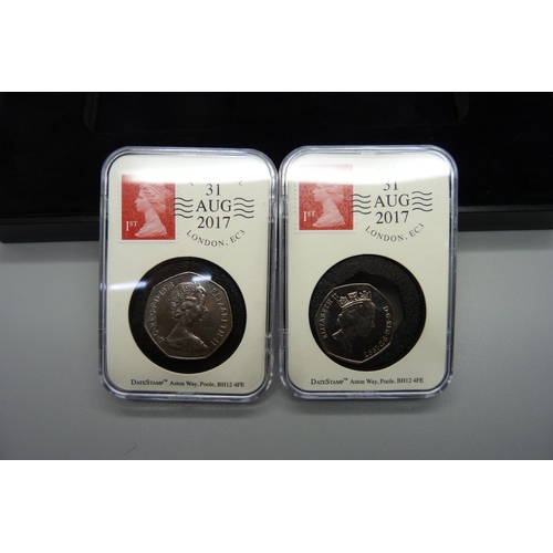 848 - A 20th Anniversary of the Small 50p DateStamp, two coin set, boxed, with certificate