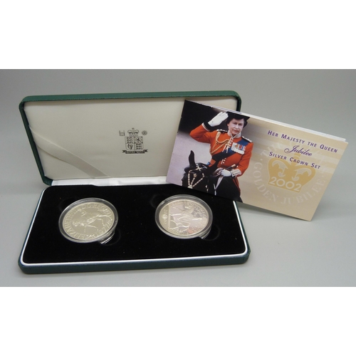 849 - A Royal Mint Her Majesty The Queen Jubilee Silver Crown Set, 2002 Golden Jubilee, 1977 25p and 2002 ... 