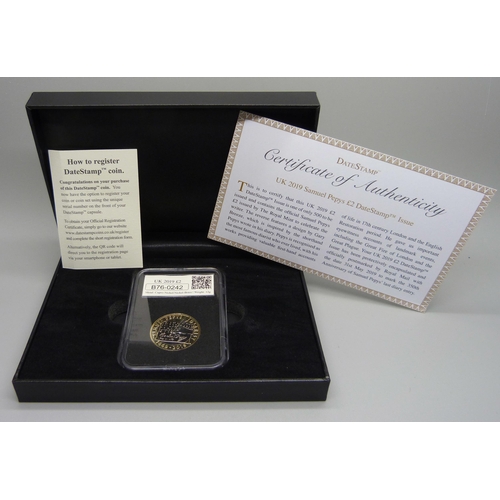 851 - A UK 2019 Samuel Pepys £2 DateStamp Issue coin, boxed, with certificate