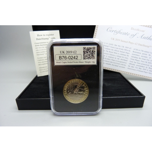 851 - A UK 2019 Samuel Pepys £2 DateStamp Issue coin, boxed, with certificate