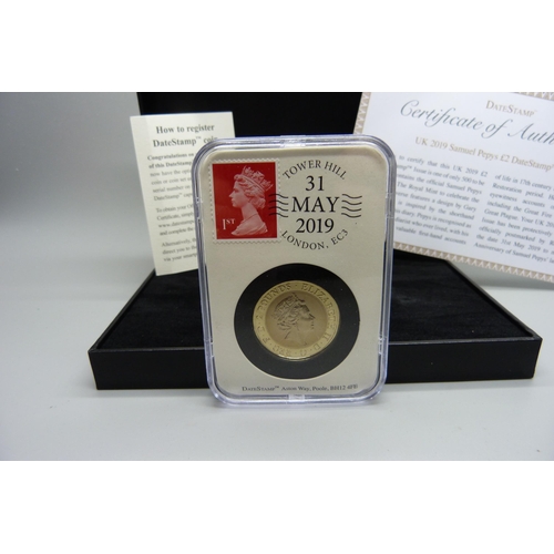 851 - A UK 2019 Samuel Pepys £2 DateStamp Issue coin, boxed, with certificate