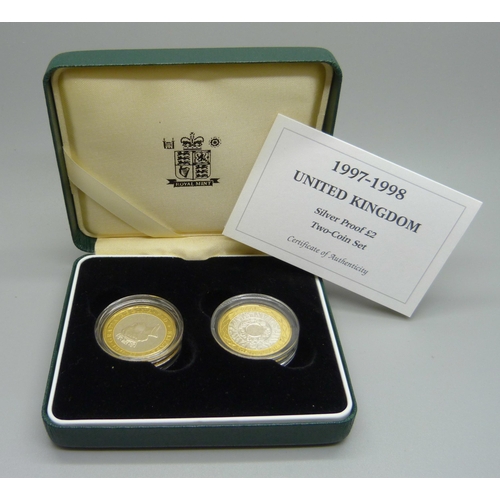 852 - A Royal Mint 1997-1998 UK Silver Proof £2 Two-Coin Set, with certificate, boxed