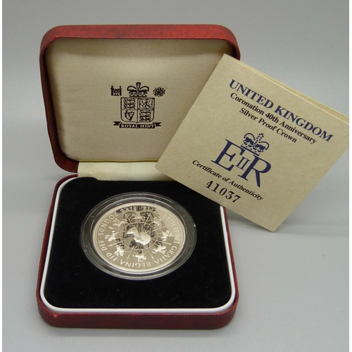 853 - A Royal Mint UK Coronation 40th Anniversary Silver Proof Crown, boxed, with certificate