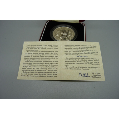 853 - A Royal Mint UK Coronation 40th Anniversary Silver Proof Crown, boxed, with certificate