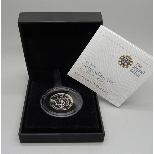 854 - A Royal Mint 2010 Girlguiding UK 50p Silver Proof Coin, boxed, with certificate