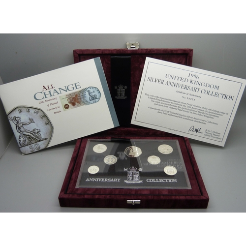 855 - A Royal Mint 1996 UK Silver Anniversary Collection, 25th anniversary of decimalisation seven coin se... 