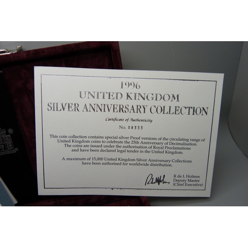 855 - A Royal Mint 1996 UK Silver Anniversary Collection, 25th anniversary of decimalisation seven coin se... 